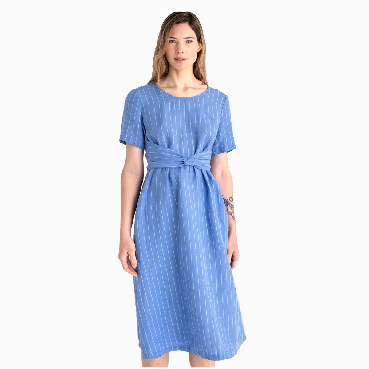 Blue Striped Linen Wrap Dress SST3